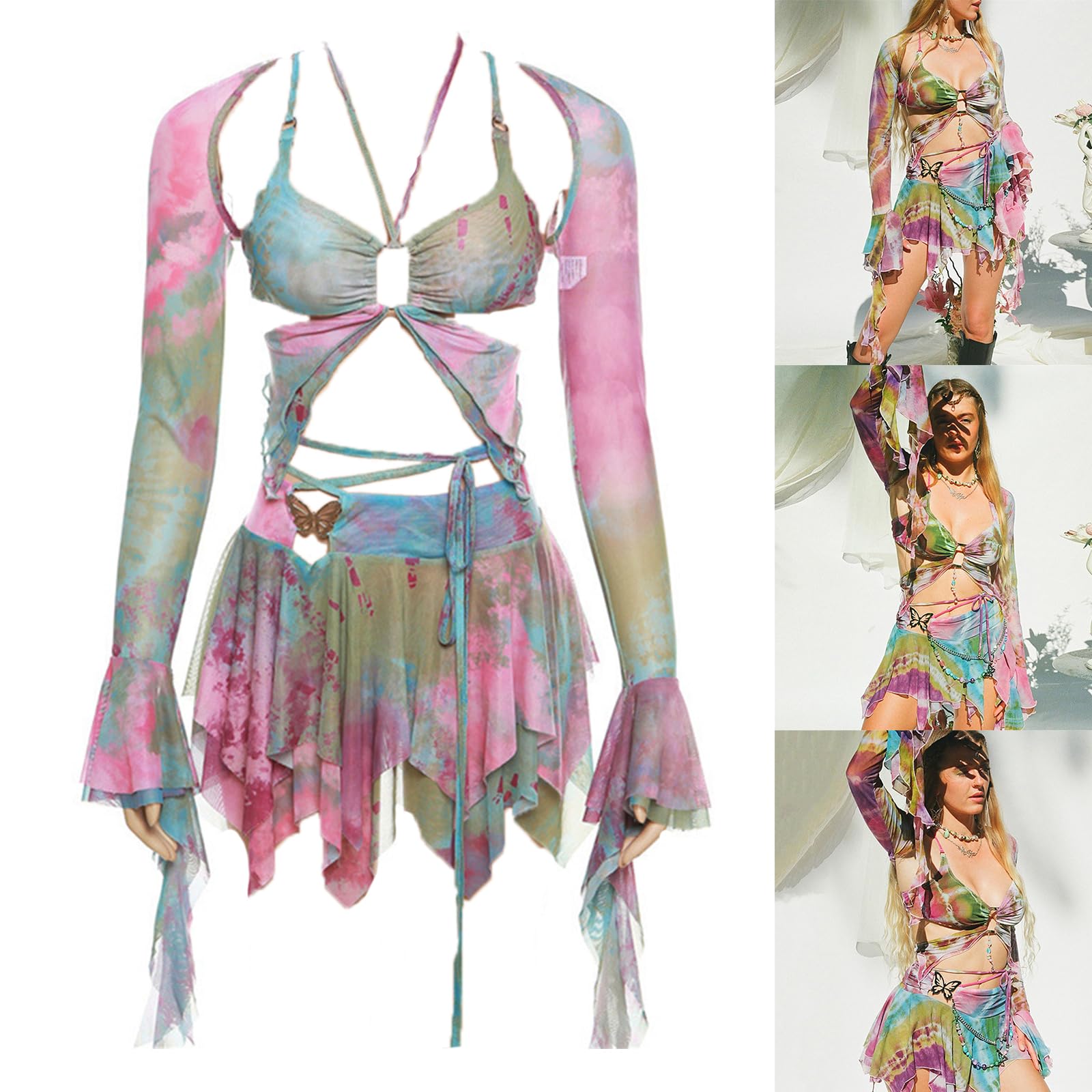 Costume da bagno da donna in 3 pezzi con top corto e gonna irregolare