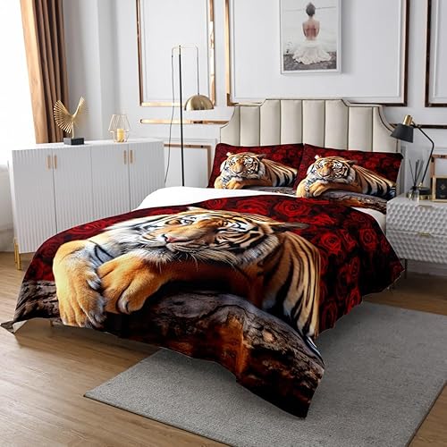 Miniatura 3 de Erosebridal Juego de colcha de tigre tamaño Queen, diseño romántico floral de safari con flores rojas para adultos, hombres, mujeres, niños y niñas,