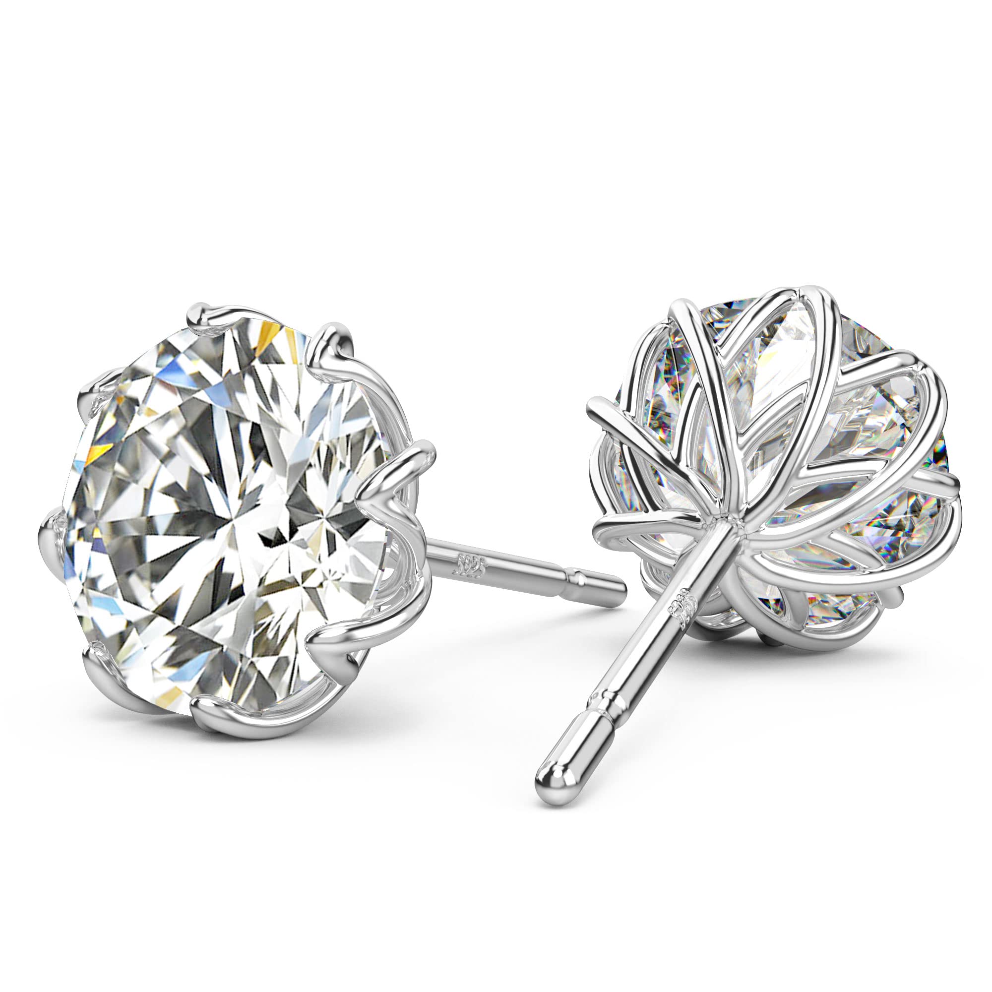 18K White Gold Plated Round Cut Simulated Diamond Stud Earrings for Women Men, 925 Sterling Silver 8 Prong Pure Round Cubic Zirconia Earrings Hypoallergenic Flower Earring Studs 0.5CT - 1CT