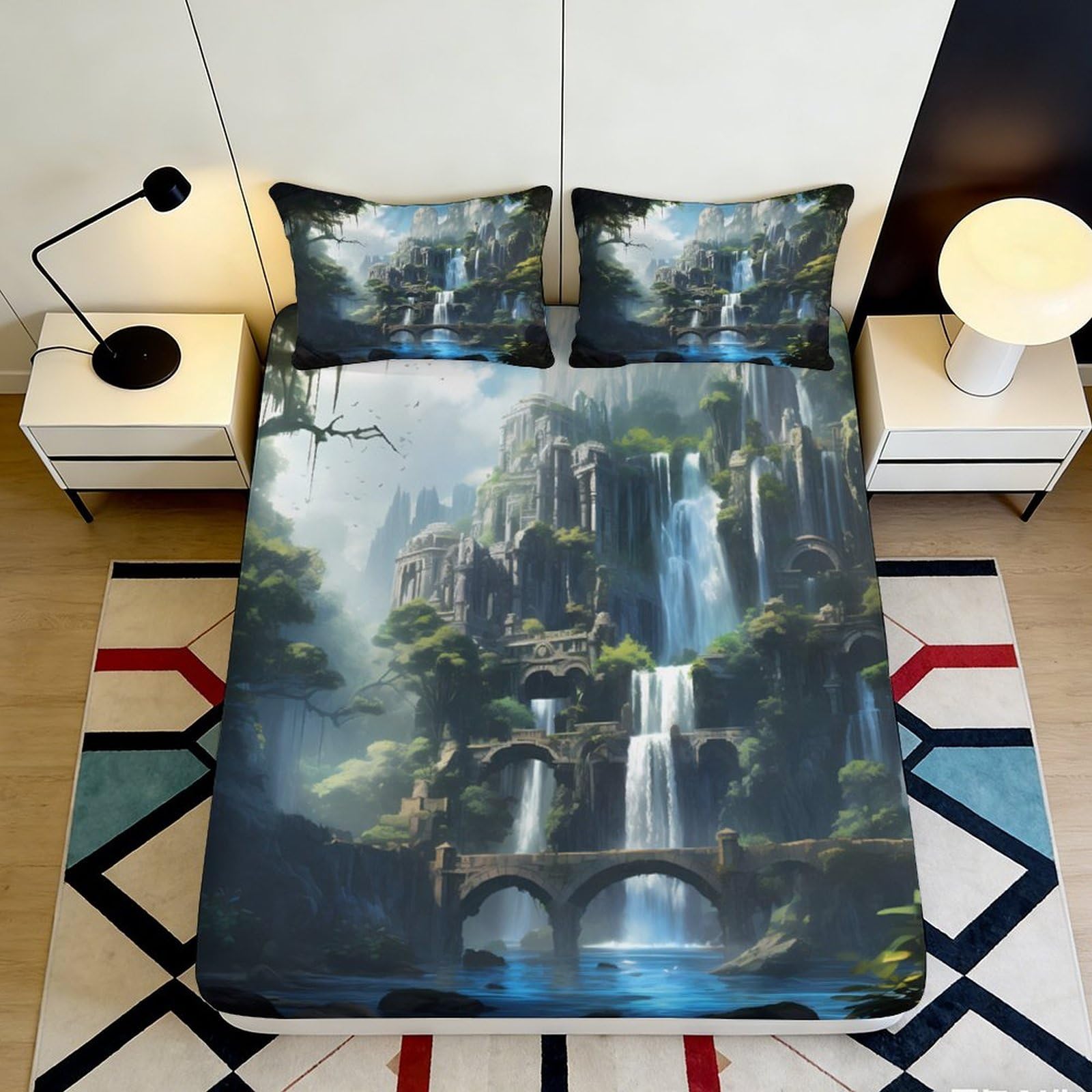 3D Printed Fantasy Waterfall Fitted Sheet Microfiber Soft Breathable Castle Landscape Mattress Cover for Bedroom Decor 180x200x25cm