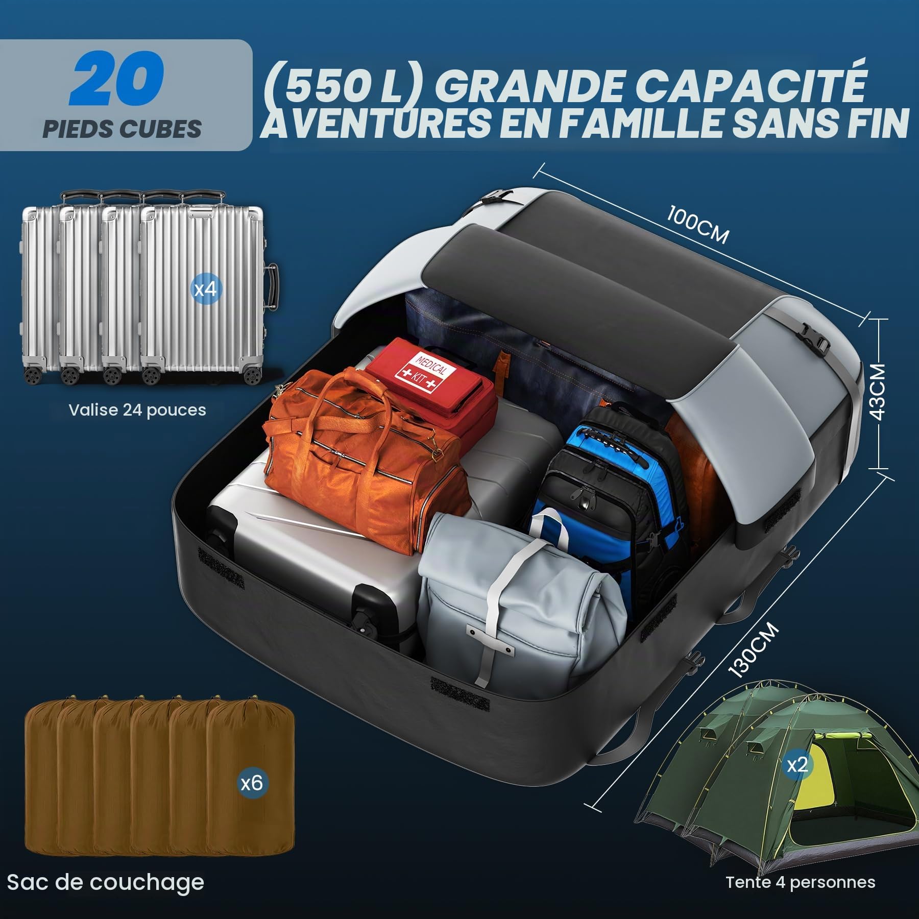 Huanyu Sac de Toit pour Voiture 20 Pieds cubes/550L Tente de Toit imperméable pour véhicules Tente de Toit pour véhicules avec ou sans Porte-Bagages Porte-Bagages de Toit
