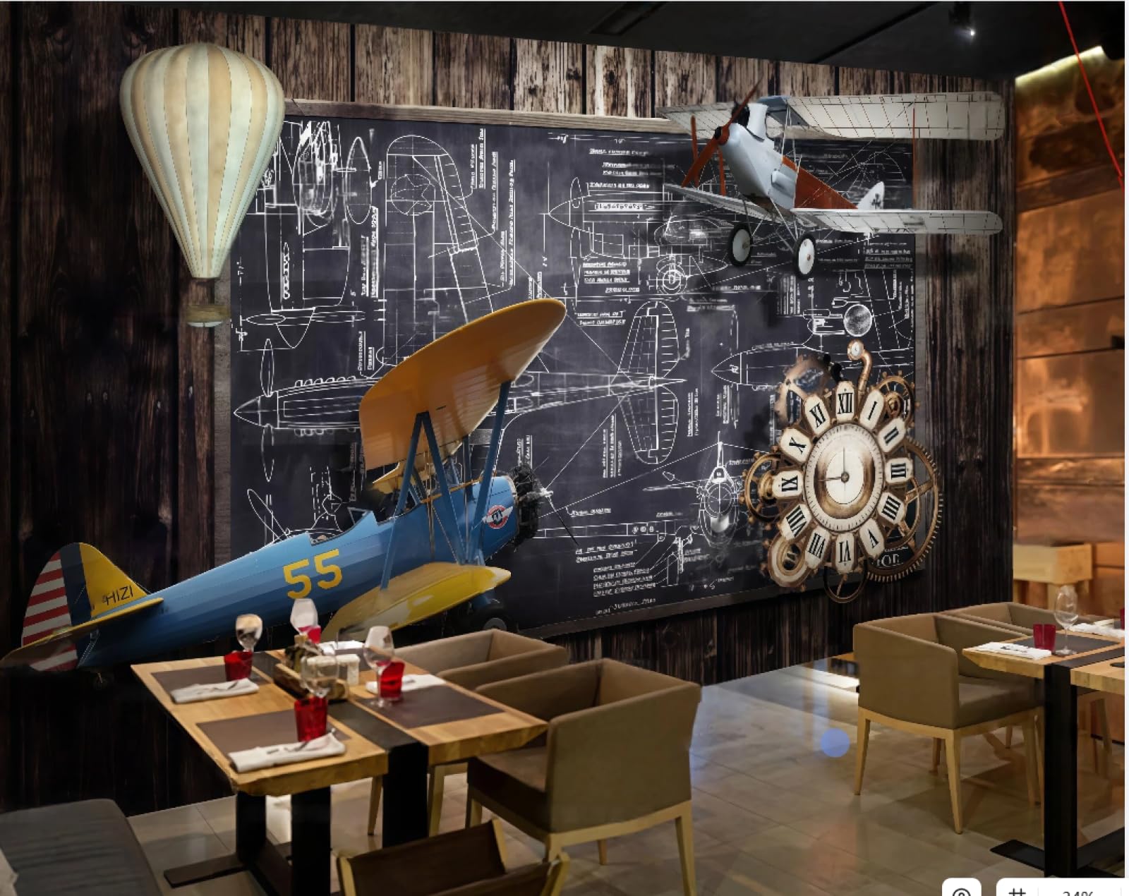 XDOUBAO Wallpaper Nostalgic Wood Board Hand-Painted Airplane Blackboard Newspaper Beverage Shop Afternoon Tea Western Restaurant Background Wall Wallpaper Coffee Shop Mural,3D,250x175cm