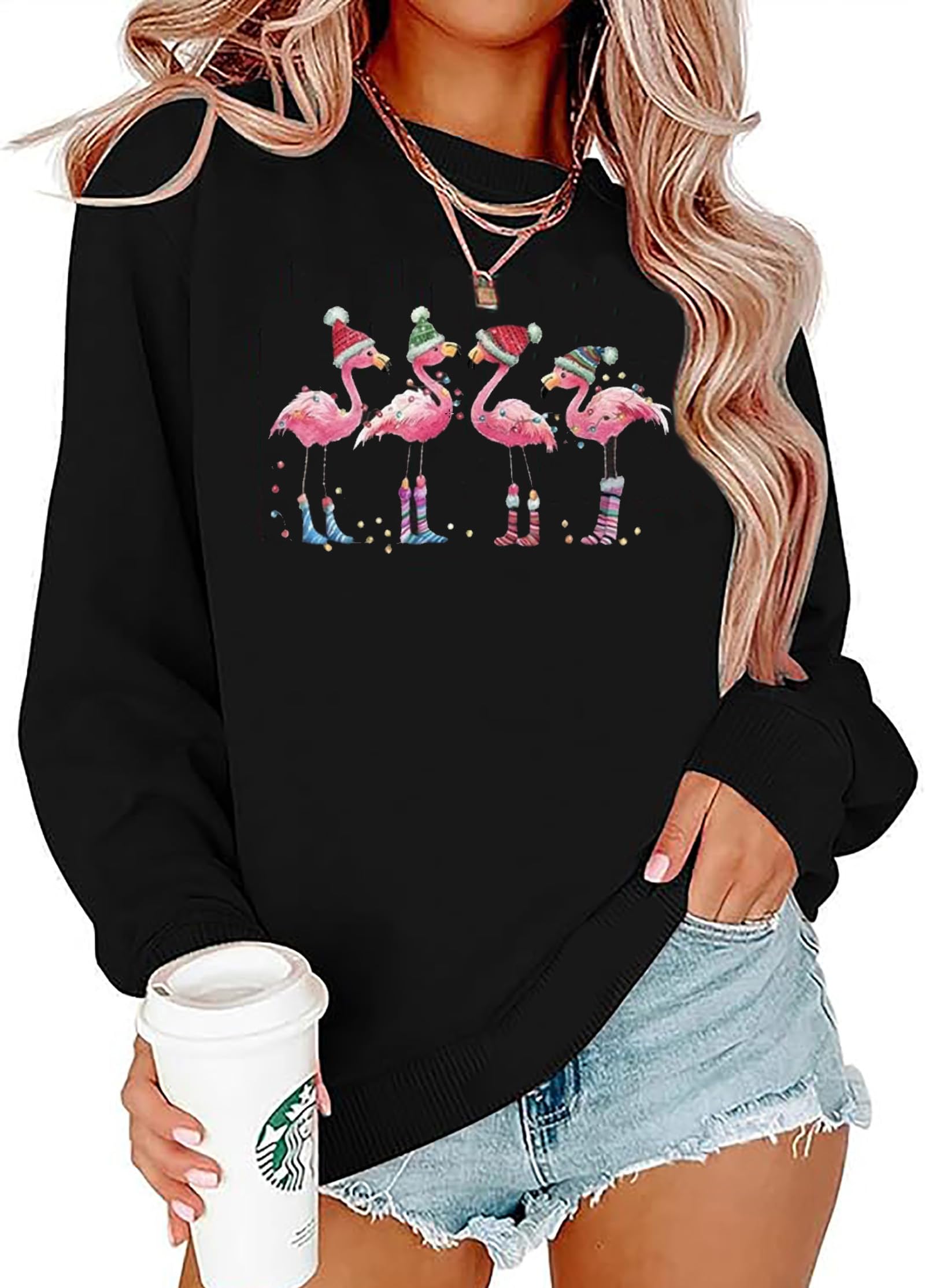BOMYTAO Women's Christmas Flamingo Graphic Pullover Sweatshirt with Lights