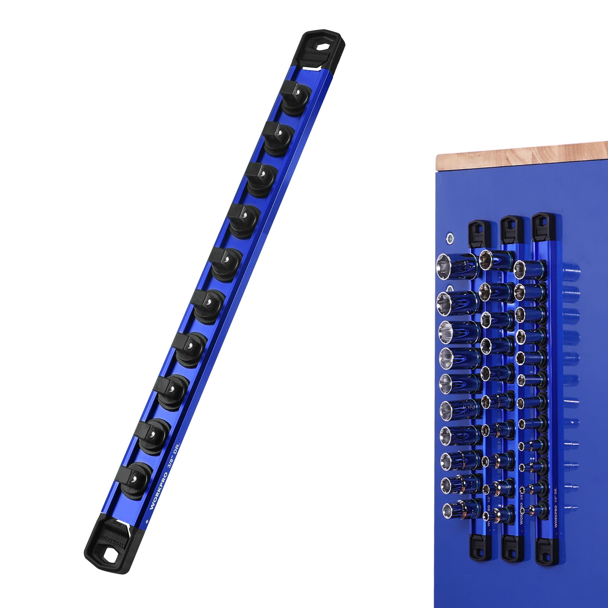 WORKPRO Magnetic Socket Organizer, 3/8" Drive Aluminum Alloy Socket Holder with 10PC Removable Socket Clips for Quick Customization, Socket Rail for
