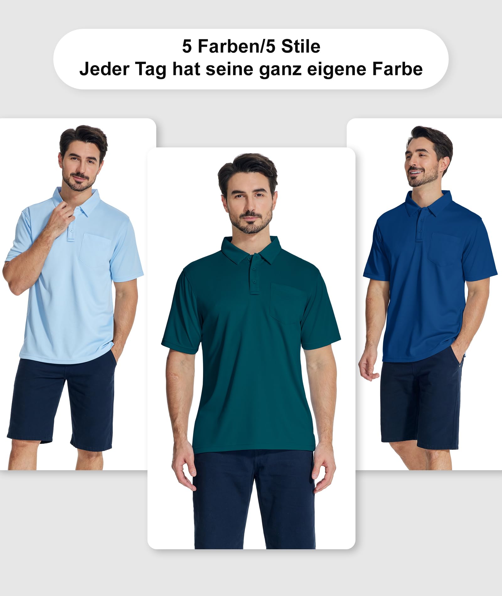 JACKETOWN 5er Pack Poloshirt Herren Kurzarm Sommer Funktionsshirt Polo Set 4-Wege-Stretch Atmungsaktiv Sport Golf Polo T Shirts Knopfleiste Männer M-3XL
