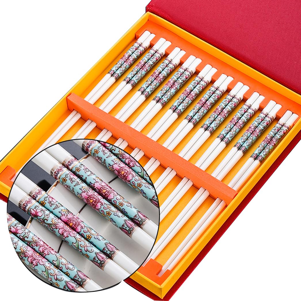 Coffret Cadeau de 10 Paires de Baguettes en Porcelaine Chinoise, réutilisables, lavables au Lave-Vaisselle, avec étui, Baguettes en céramique osseuse de Haute q(F)