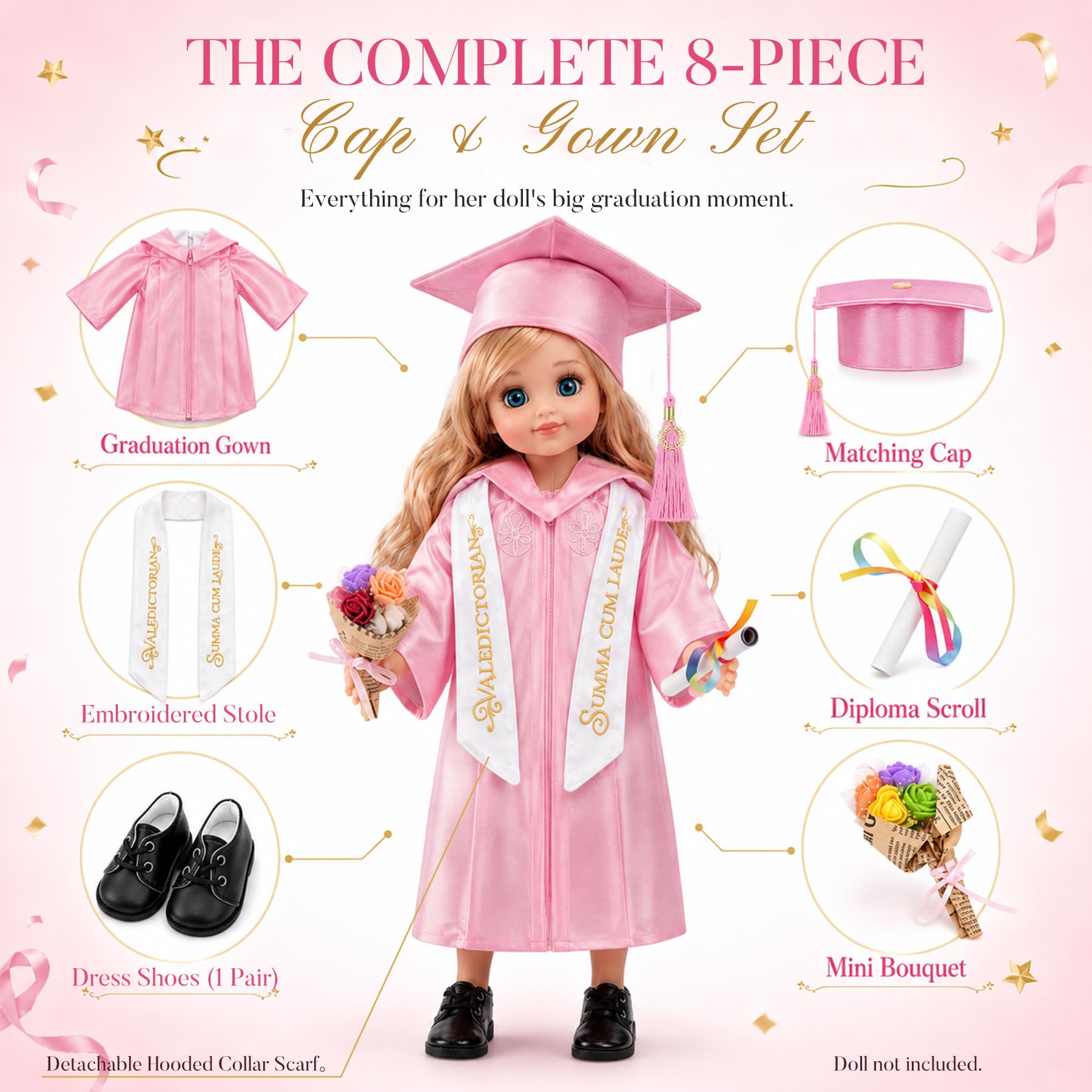 Juego de 8 piezas de ropa y accesorios para muñecas de 18 pulgadas, traje de satén de primera calidad con zapatos, estola bordada, diploma y ramo, rosa