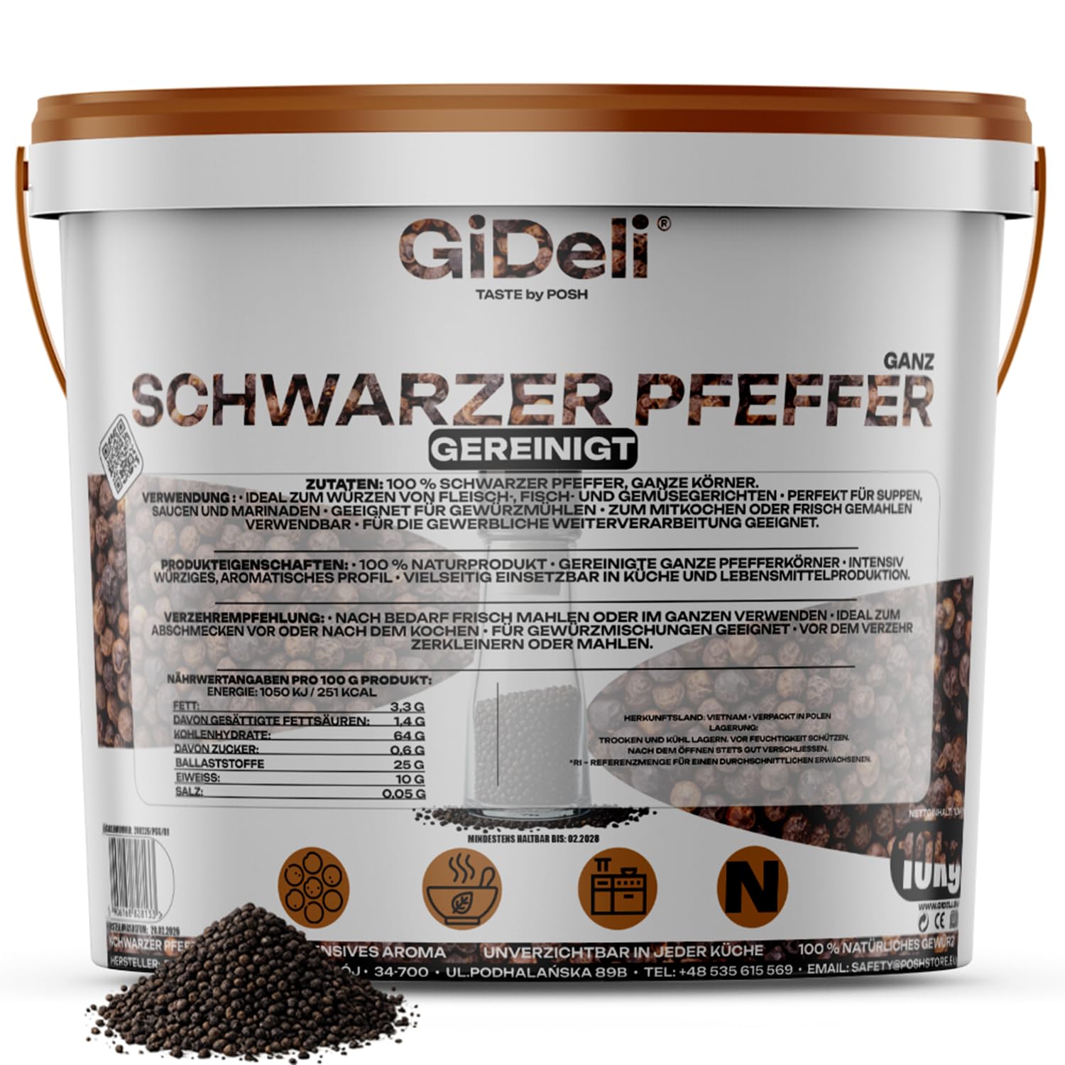 GiDeli Schwarzer Pfeffer Ganz 10kg im Eimer - Pfefferkörner - Perfekt für Suppen, Saucen und Marinaden - Für Pfeffermühle geeignet - Aromatisch und Vielseitig - 100% Naturrein ohne Zusätze