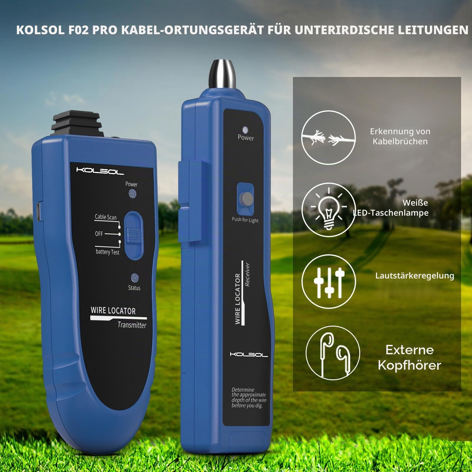 Erdkabel-suchgerät, Kabeltester F02 Pro für Kabelsuchgerät Locate Control Drähte Kabel Haustierzaunkabel, bis zu 3 Meter tief 2000 Meter Länge, Ausgestattet mit wiederaufladbaren Batterie