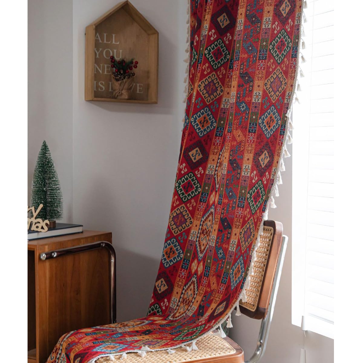 Bohemian Gardinen Vintage Boho Vorhang Blickdicht Leinenoptik Baumwolle Ethno Rot Geometrisch Vorhänge mit Quaste Rod Pocket für Wohnzimmer Schlafzimmer 1 Stück B150×H240cm