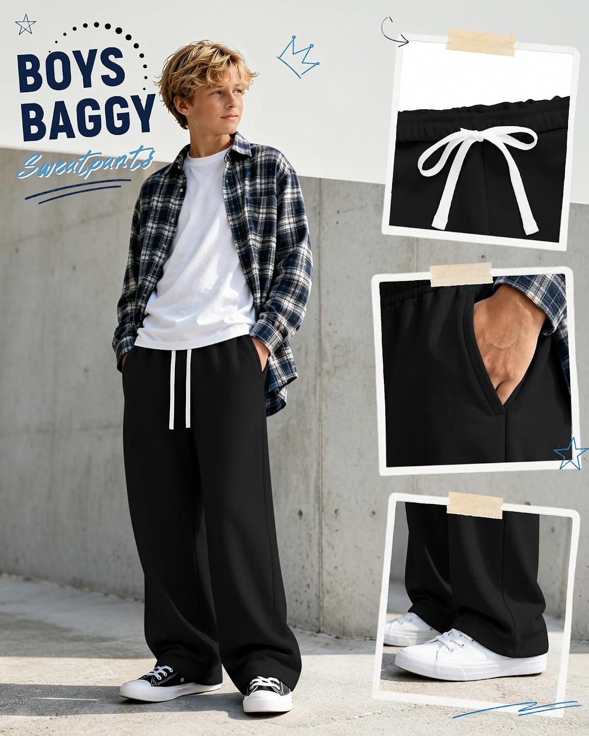 Boy's Sweatpants Wide Leg Athletic Baggy Pants Casual Drawstring Jogger Elastic Waist Pull on Pants with Pockets