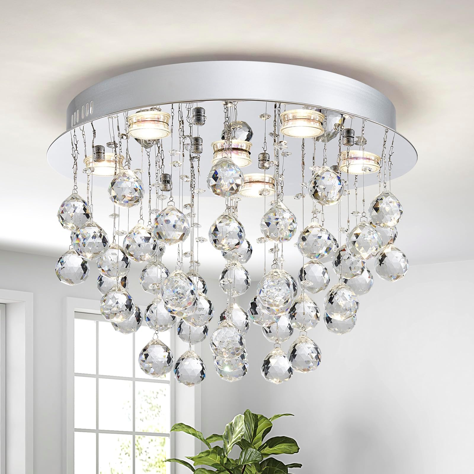 SM Saint Mossi Modern K9 Crystal Chandelier with 9 Lights,GU10 Bulbs,Flush Mount LED Ceiling Light Fixture for Dining Room,Bedroom,Living Room,H 13 in x D 20 in