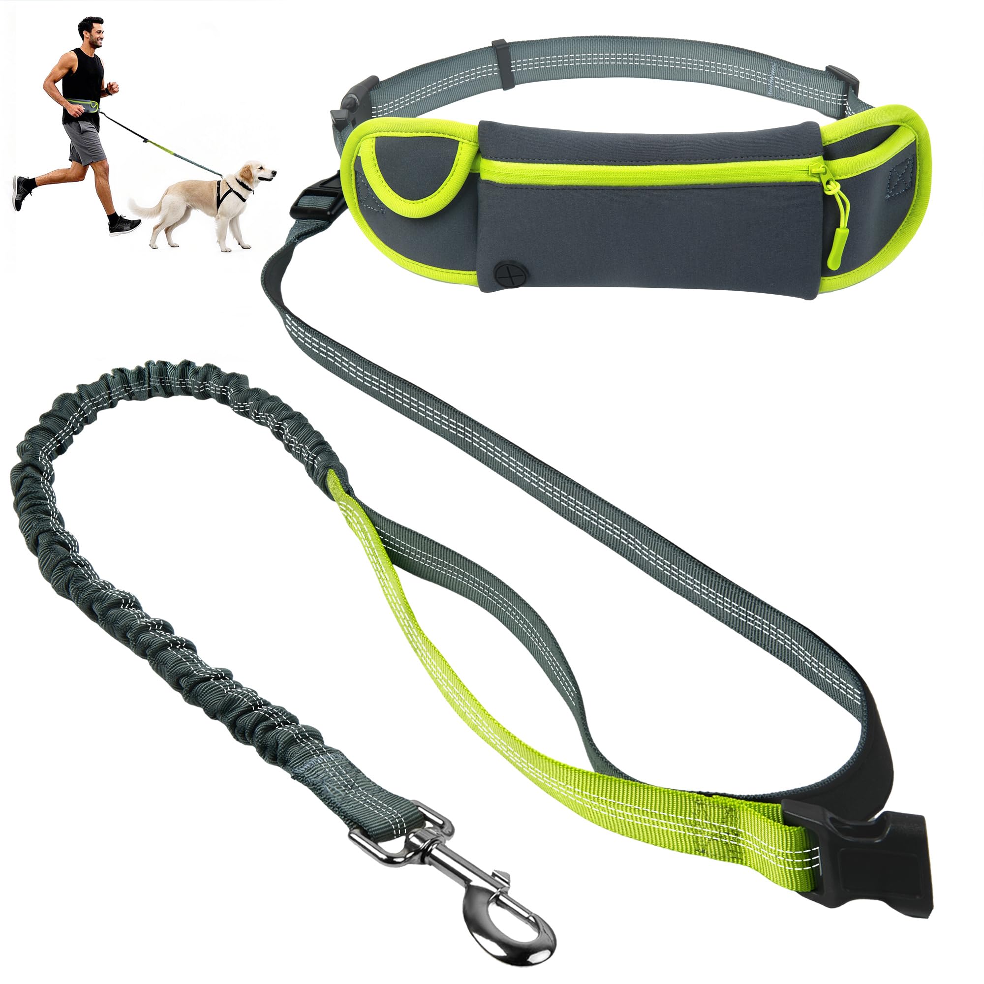 Hands Free Dog Leash with Zipper Pouch, Waist Leash for Dog Walking, Running and Hiking, Adjustable Belt with Handle, Reflective Bungee Design for Large & Medium Dogs