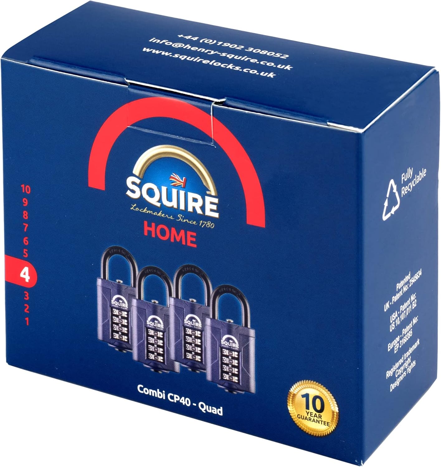 Squire Combination Padlock (CP40 Multipack x4) - Steel Shackle - 4 Wheel Combination Padlock - Corrosion Resistance - Weatherproof Lock for Home, School & Garage (Blue, 40 mm)