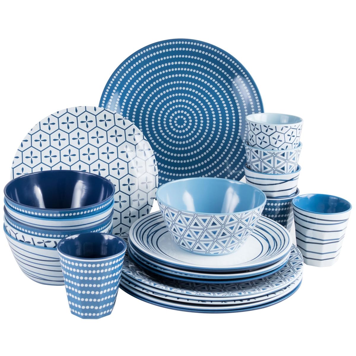 Vajilla de melamina para 6 personas (24 piezas) color azul y blanco