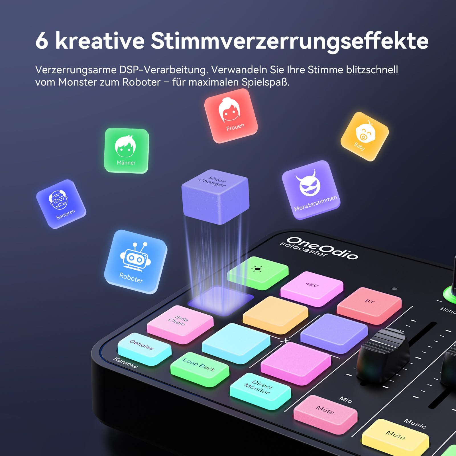 OneOdio Solocaster Gaming Audio-Mixer – 5-Kanal-Interface mit 48V Phantomspeisung, Bluetooth, RGB-Beleuchtung, 3,5-mm-/XLR-/USB-C-Anschlüssen, für Streaming/Podcast/Karaoke auf PC und Mobilgeräten