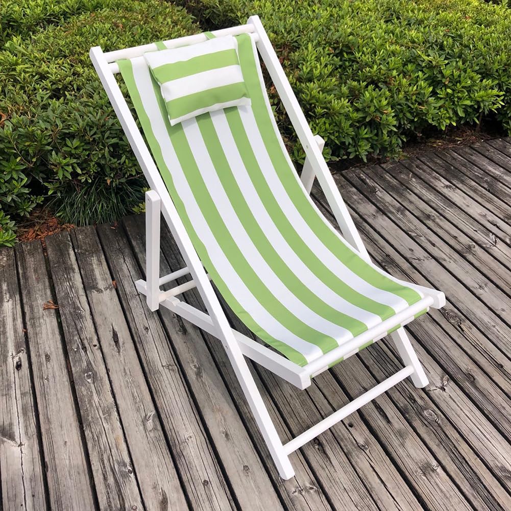 Chaise longue pliable en bois dur : transat de jardin réglable avec oreiller rayé vert