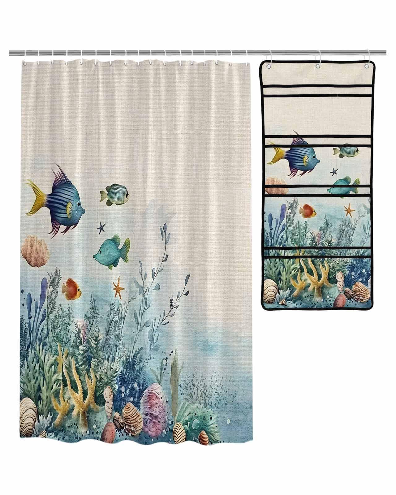 ZFUNCING Shower Curtain Mesh Shower Organizer Set Watercolor Ocean Fish Coral Shell Waterproof Bath Curtains Hanging Shower Caddy