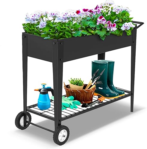 Cama de jardín elevada, carrito de cama de jardín elevado de metal móvil con patas y ruedas, cajas de macetas elevadas para jardín de hierbas al