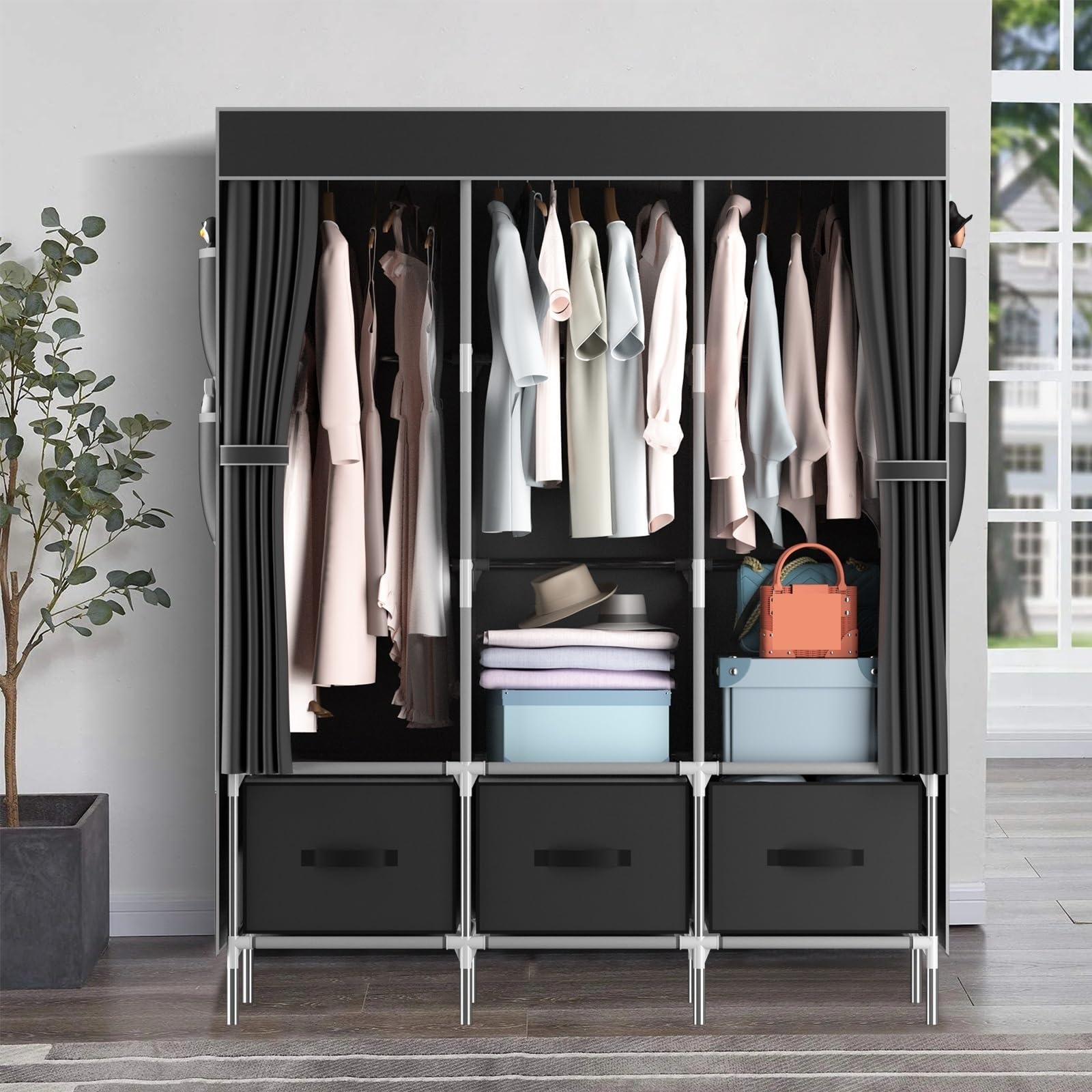 Armadio In Tessuto Guardaroba in tela, portatile, pop-up, in tessuto versatile con 3 aree di stoccaggio e aste appendiabiti, 8 borse laterali(Grey)