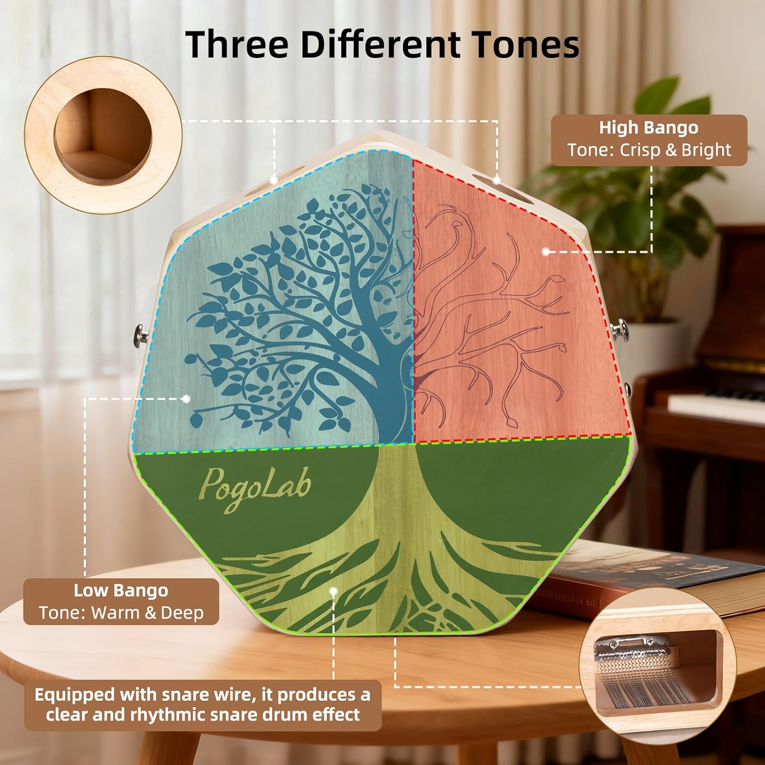 POGOLAB Three-tone Cajon, Portable Travel Drum Box with Adjustable Strap, Unique Appearance, Easy to Carry, for Home and Outdoor, Beautiful Percussion Instrument Gift (Brown)