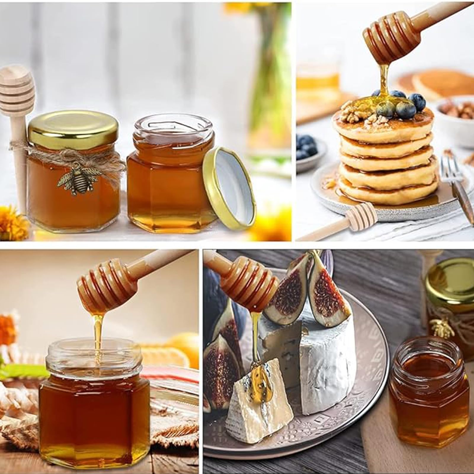 Vasetti Miele In Vetro Esagonali - 10 Pezzi Con Cucchiai Di Legno - Ideali Per Bomboniere E Regali