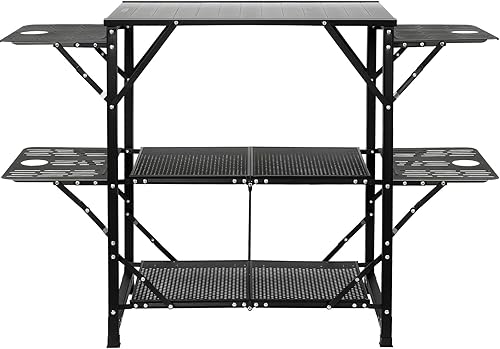 Miniatura 9 de VEVOR Mesa de cocina de campamento, estación de cocina portátil plegable de aluminio con 4 lados de hierro, 2 estantes y bolsa de transporte,