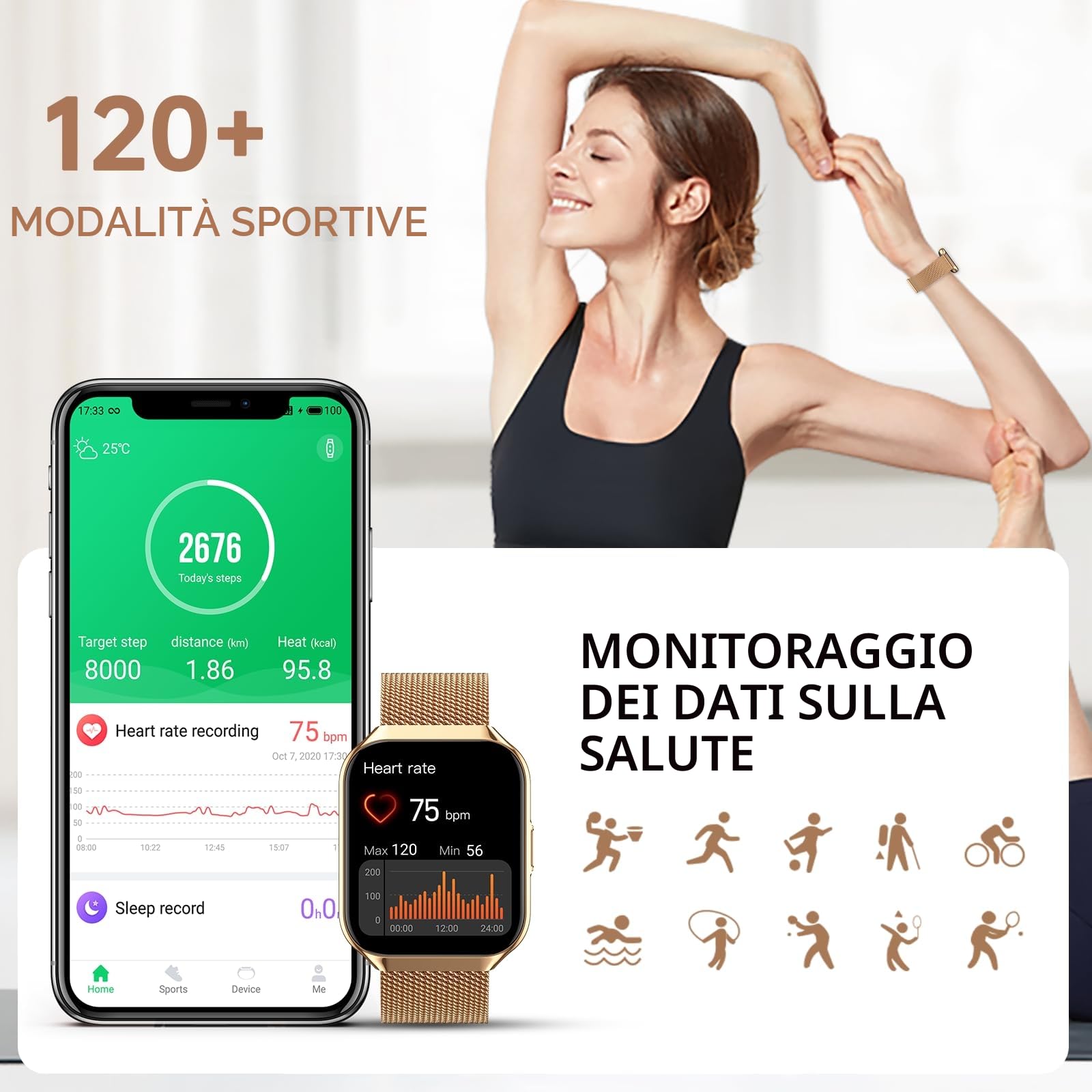 Smartwatch Donna, 1,91" HD Orologio Smartwatch Donna con Chiamate Bluetooth, 120+ Modalità Sport, Monitoraggio Salute 24/7, Impermeabile IP68, Fitness Tracker Compatibile con Android e iOS, Oro