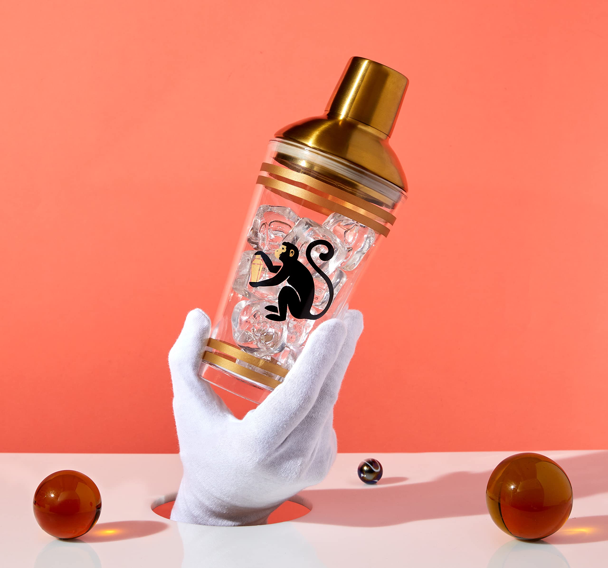 Brass Monkey Recipe Cocktail Shaker - Glass Cocktail Shaker with Brass Plated Finishes, Holds 16 oz, 8.5