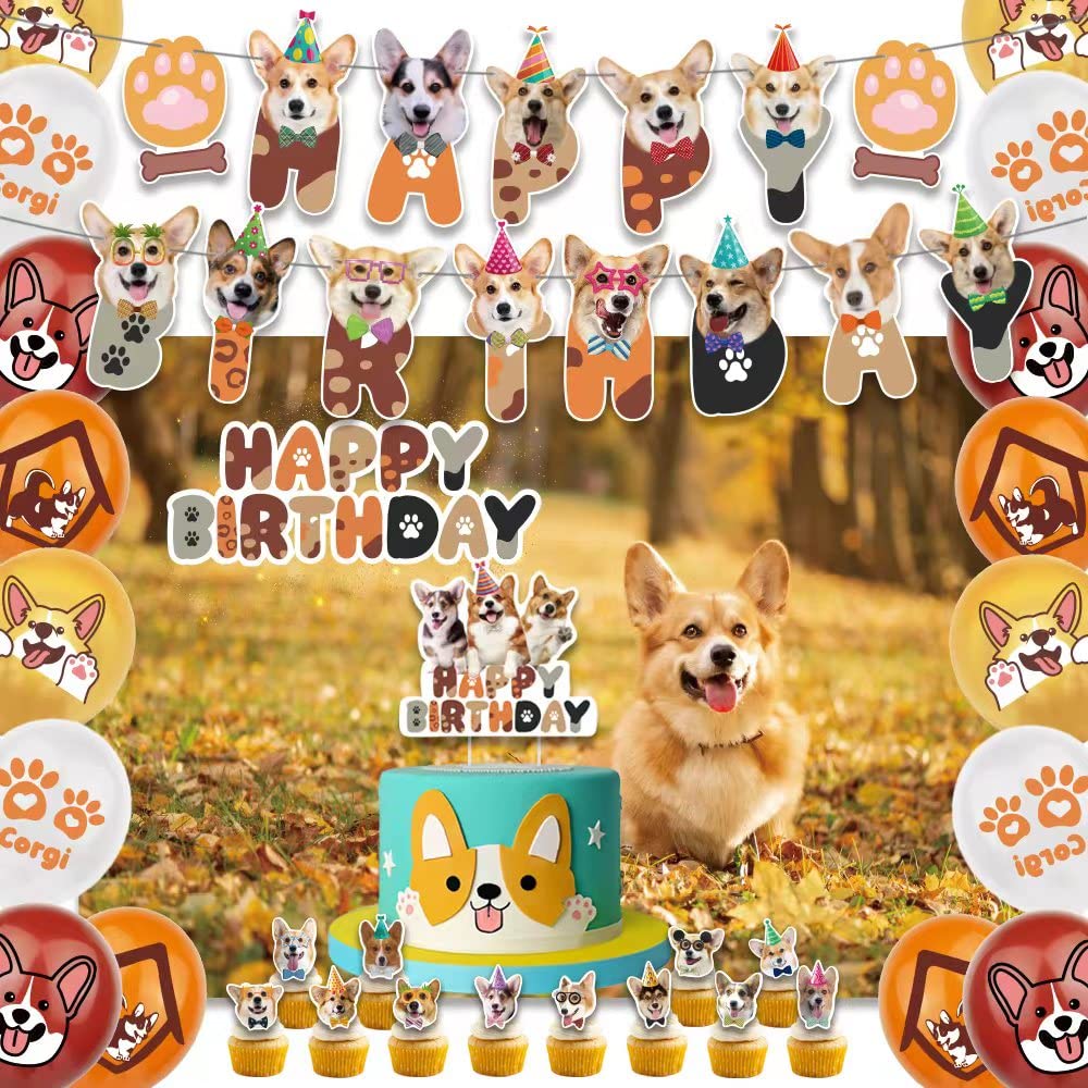 Corgi Birthday Party Decorations Backdrop Banner Photography Background Cute Corgi Theme Banner Balloons Cake Toppers Cupcake Toppers Pet Party Kit