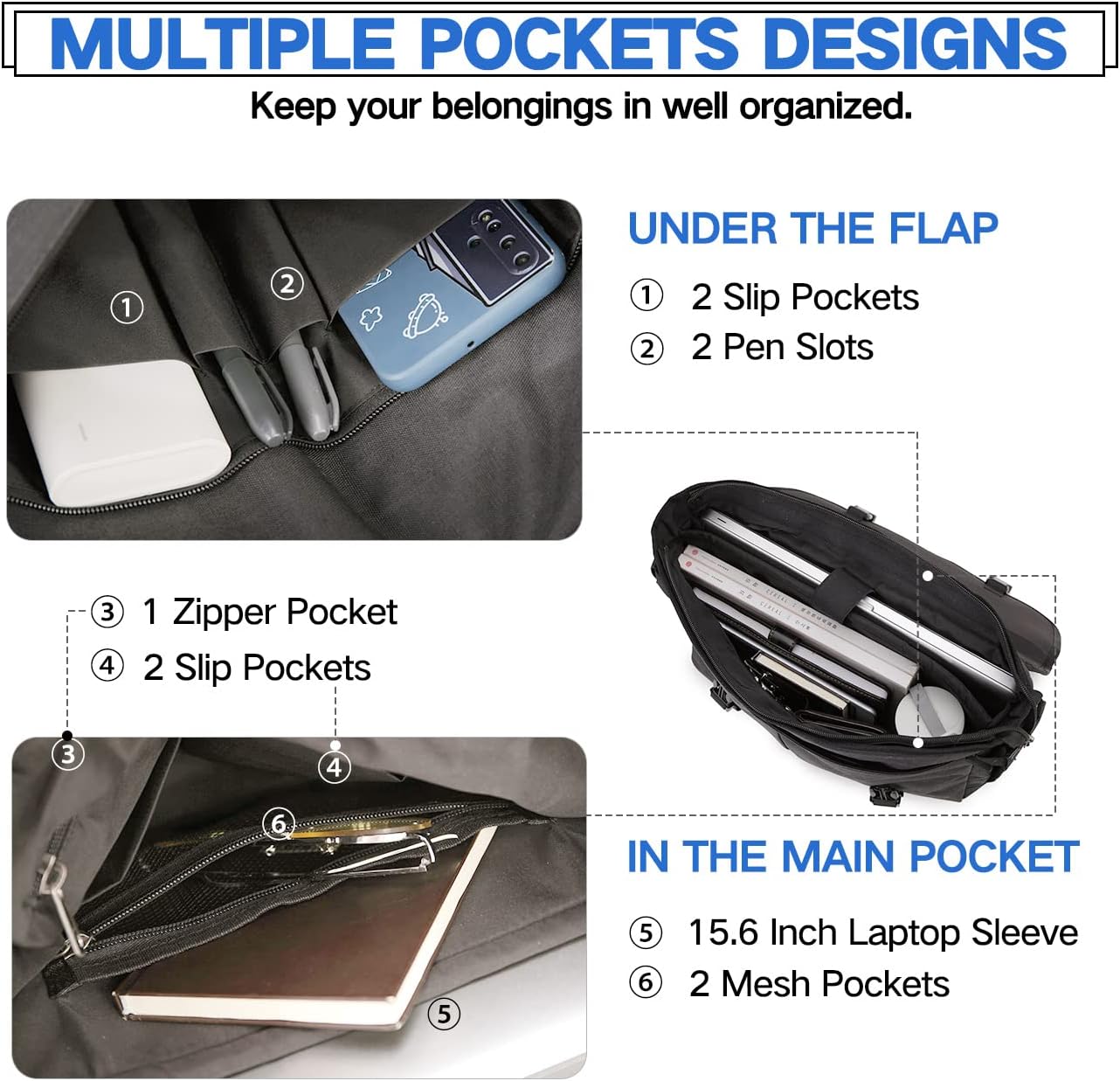 Messenger Bag for Men, Lightweight Water Resistant 15.6 In Laptop Bag Business Office Satchel Shoulder Bag - Image 4