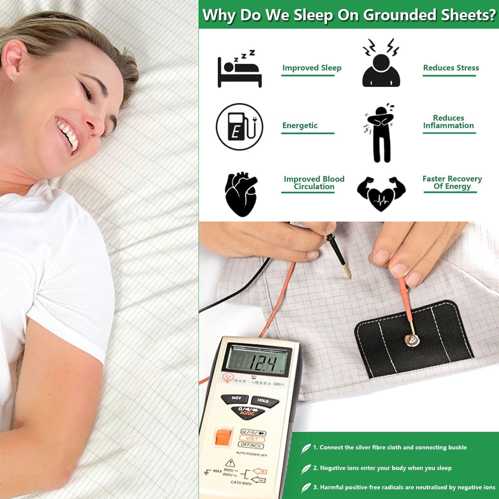 Silver Fiber Conductive Sheet, Grounding Sheets with Grounding Cord, Natural Wellness and Healthy Earth Energy Mat, with 10% Silver Fiber/90% Organic Cotton, for Better Sleep