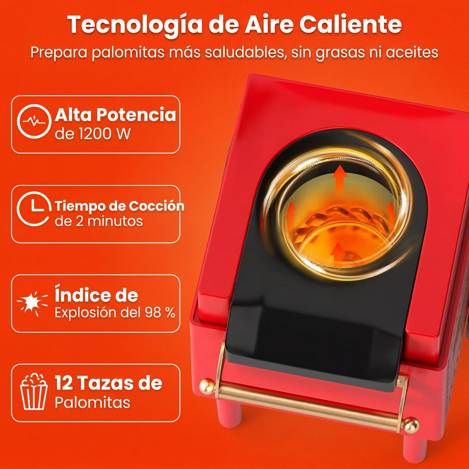 LIFEZEAL 1200 W Palomitero Eléctrico Retro, Máquina de Palomitas Maíz con Vaso Medidor para Granos, Capacidad de 12 Tazas, Aire Caliente sin Aceite, Palomitera de Encimera para Casa, Cine, Fiesta