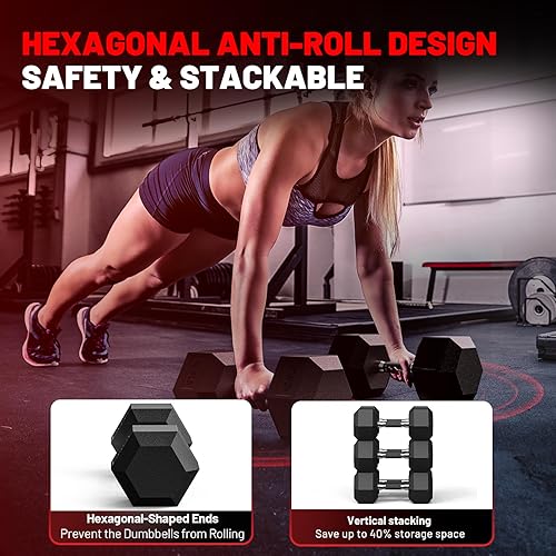 Miniatura 4 de PAPABABE Hex Dumbbell Set with Rubber Grip 2.5-125lb, Odorless Rubber Coated Weight Fixed Dumbbells Set of 2, Weights for Women at Home, Hand