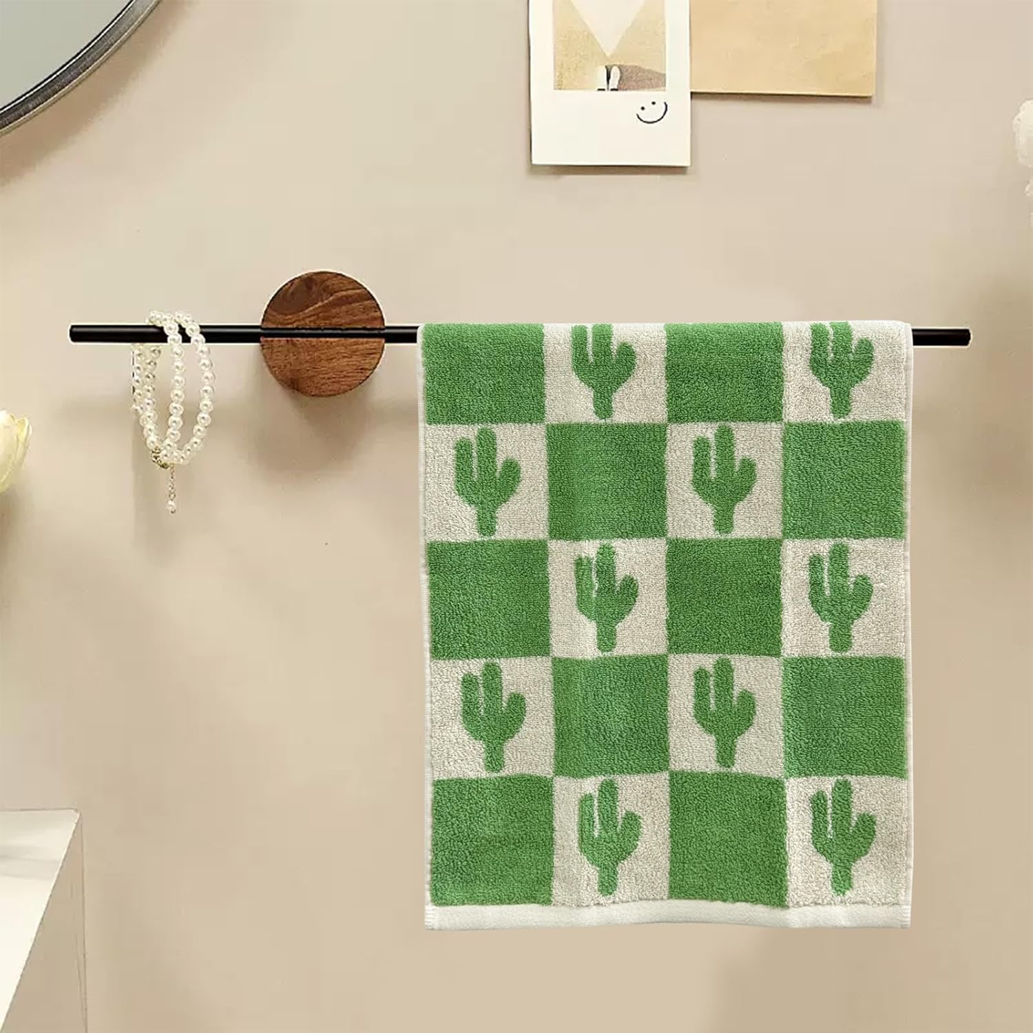 USTIDE 2 Piece Premium Cute Cactus Bath Towel Set 100% Cotton Soft Absorbent Bathroom Hand Towels Green Checked Hand Towel for Bathroom Kitchen Sports, 14x30 Inch