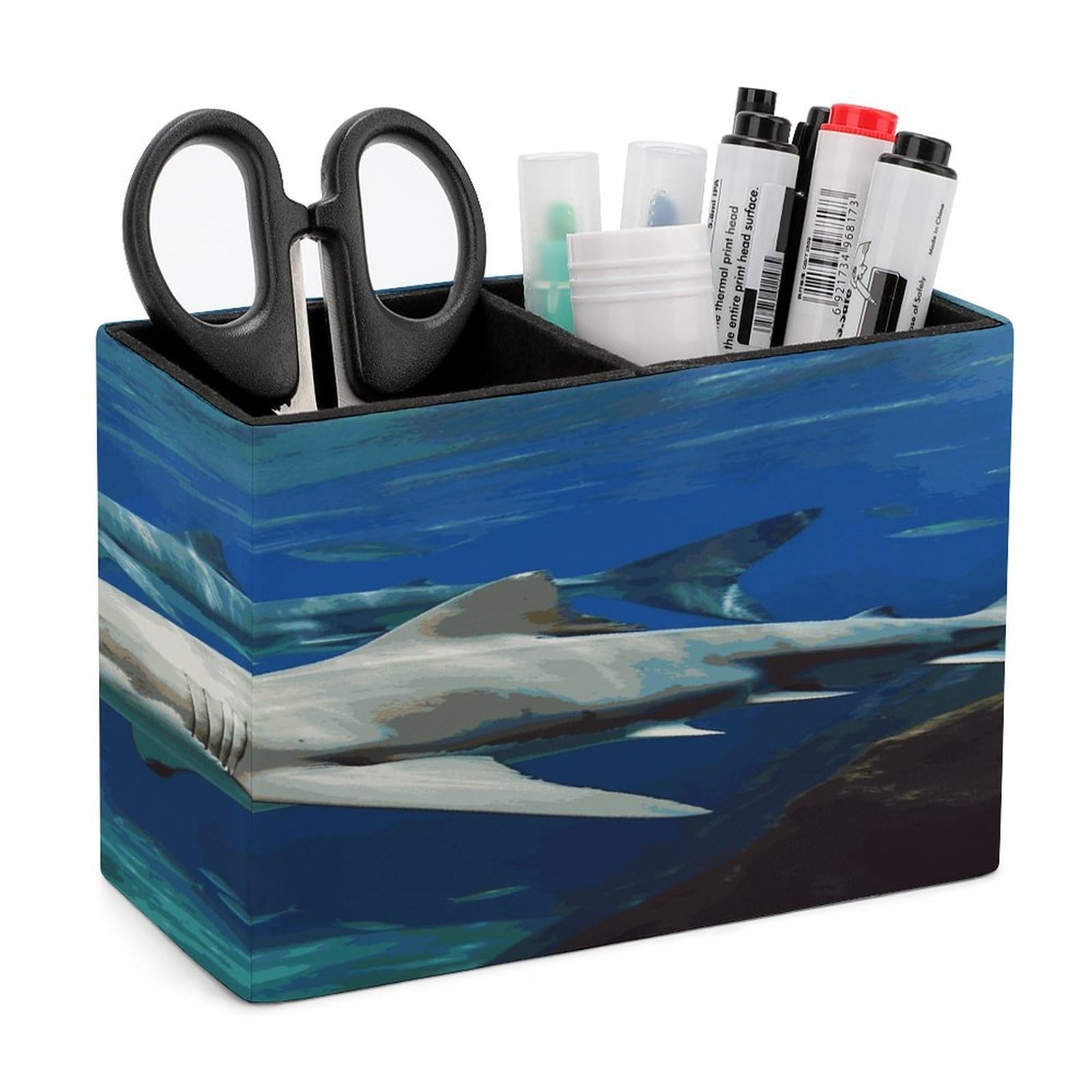 LDGSUPH Two White Sharks Leather Pen Holder for Desk Organizer Caddy Large Pencil Cup Multi-function Pencil Holder Makeup Brush Holders Pen Organizer for Home Office Storage Box