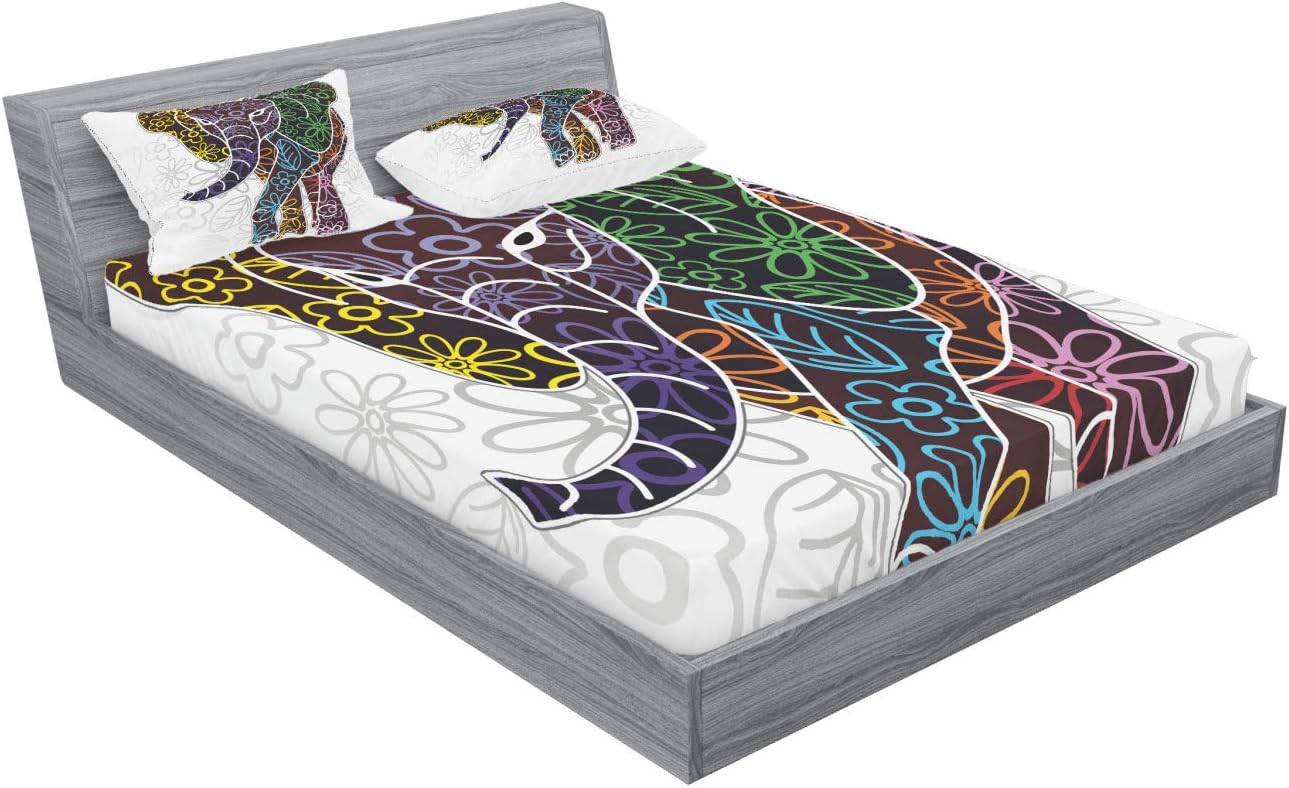 Ambesonne Batik Fitted Sheet & Pillow Sham Set, Digital Big Elephant with Floral Lines and Tribal Shapes Wild Life Theme Image, Decorative Printed 3 Piece Bedding Decor Set, Full, Multicolor