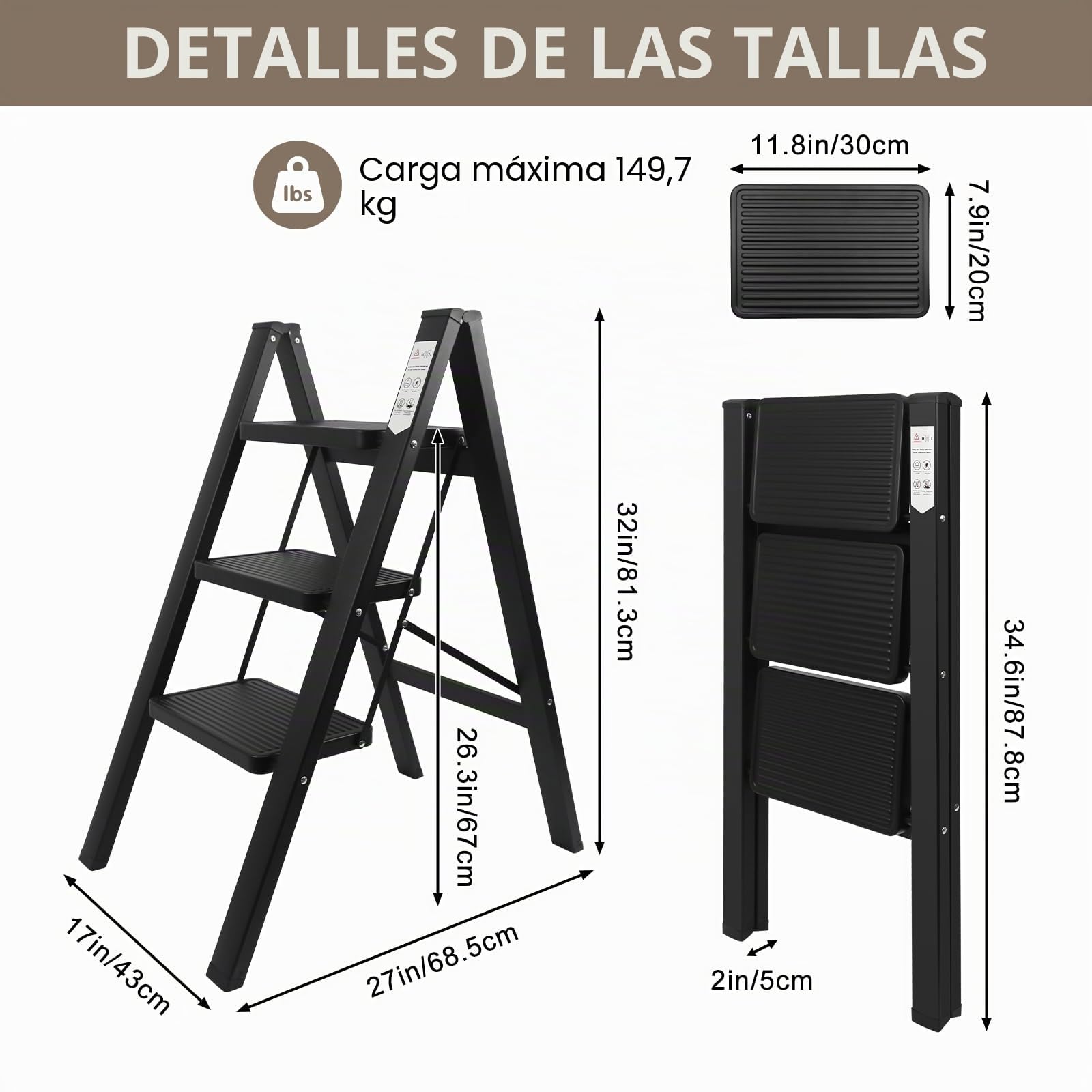 Escalera Plegable de 3 Peldaños, Pedal Antideslizante y Ancho, Escalera portátil para el hogar, Fácil de Guardar, Carga hasta 150 kg, Ideal para Cocinas y Hogar