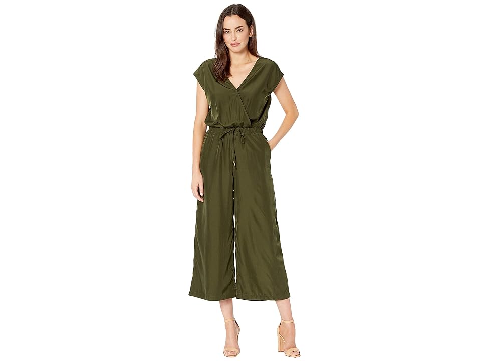 

eci V-Neck Jumpsuit with Waist Drawstring Detail Cropped Leggings (Olive) Women's Jumpsuit & Rompers One Piece