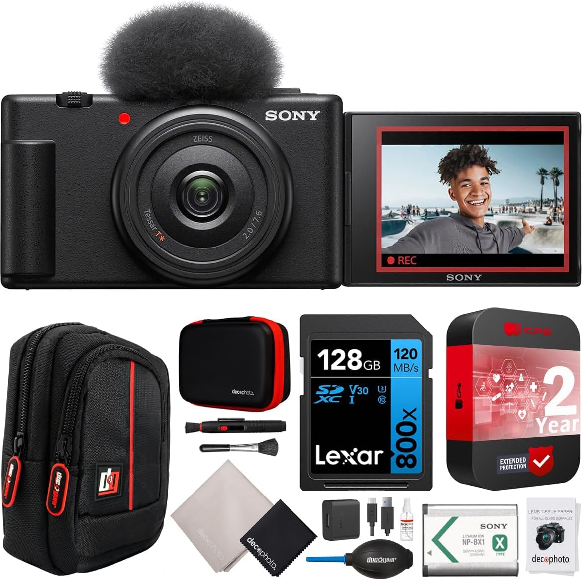 Sony ZV-1F Vlog Camera | Official Sony USA Partner Model | 4K Video 20.1MP for Content Creators and Vloggers Bundle with CPS 2 YR Extended Protection Pack + Deco Gear Case + 128GB Memory Card & More