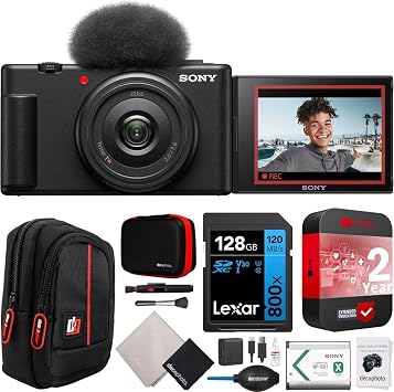 Sony ZV-1F Vlog Camera | Official Sony USA Partner Model | 4K Video 20.1MP for Content Creators and Vloggers Bundle with CPS 2 YR Extended Protection Pack + Deco Gear Case + 128GB Memory Card & More
