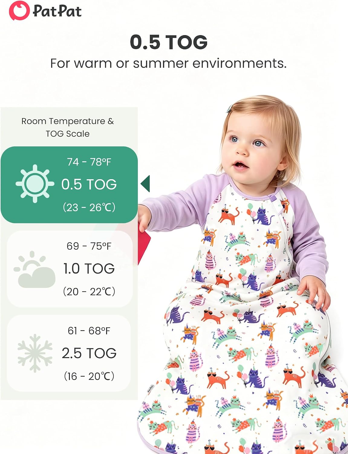 PATPAT Bamboo Viscose Baby Wearable Blanket (Sleep Sack), Long Sleeve, 0.5 TOG, Breathable & Soft, 2-Way Zipper, 0–24 Months
