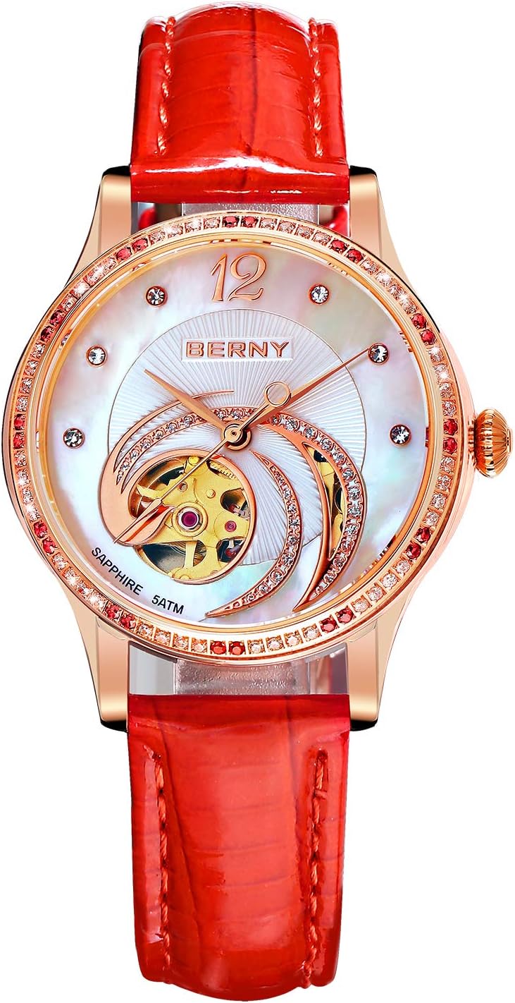 BERNY Fashion Automatic Women's Wrist Watch, Phoenix-Inspired, Stainless Steel Bezel with 18K Gold Overlay, Small Dial Watch for Women (Red)