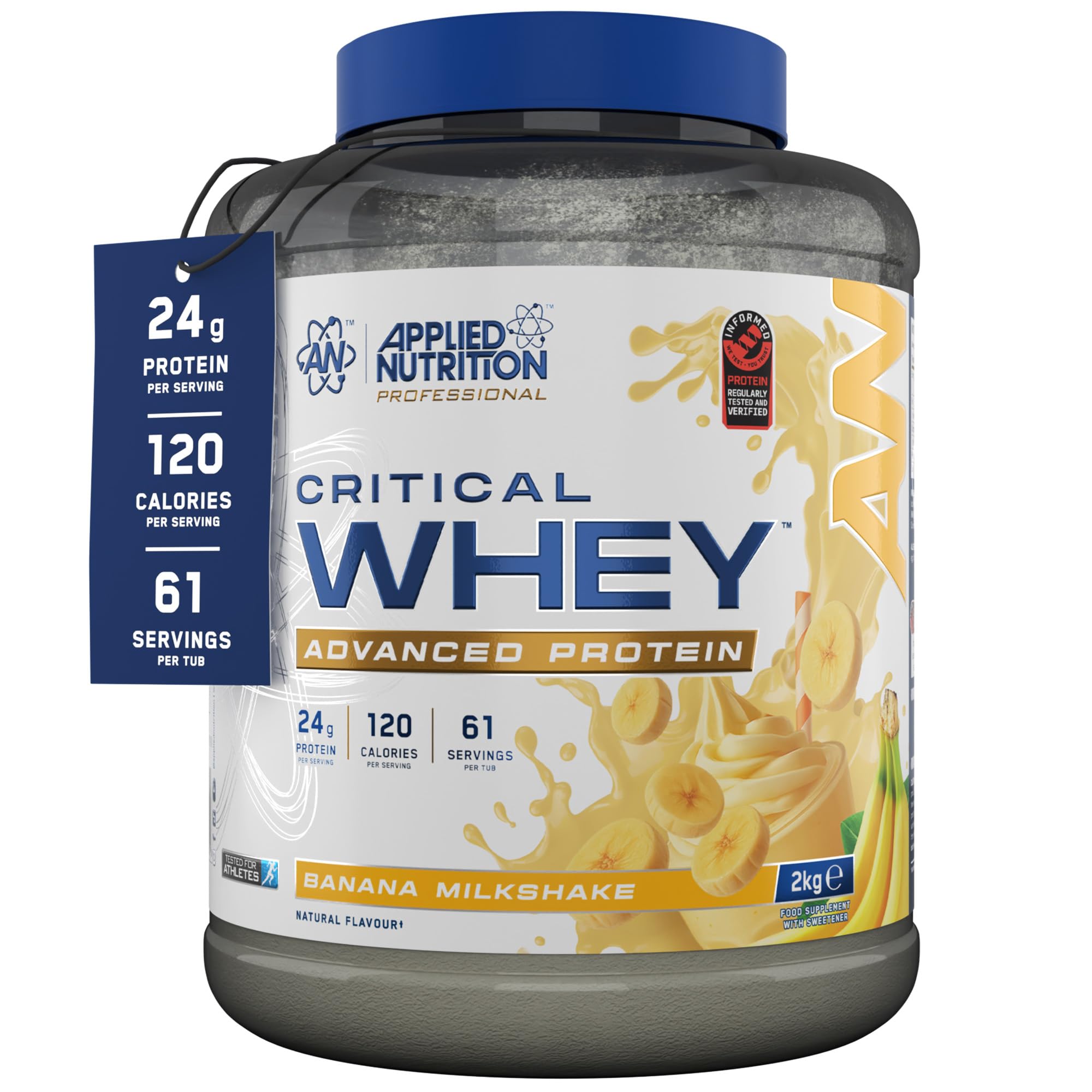 Applied Nutrition Critical Whey Protein Powder - Banana Milkshake - 2kg - 24g Protein - 61 Servings