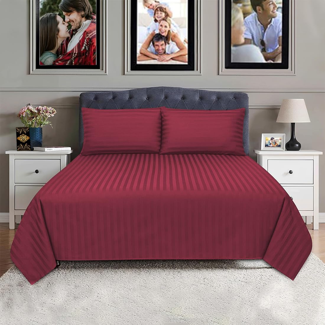ADBENI HOME 250GSM Satin Stripe Polycotton Bedsheet with 1 Pillow Cover, Soft & Comfortable, Suitable for All Seasons, Fade-Resistant, Makes Each Night Lavish Retreat, 60x90 Inch, Wine