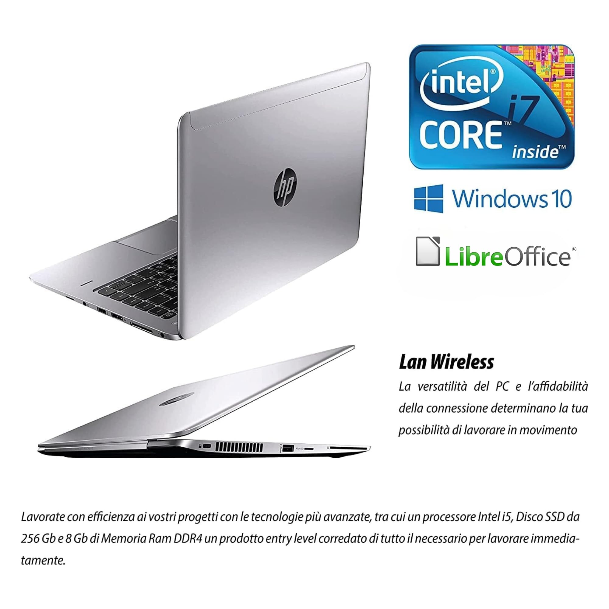 HP Elitebook Folio, Notebook Pc portatile Pronto All'uso, Display 14", Intel Core i7, Ram 8GB, SSD 240GB, Win 10Pro, Pacchetto Libre Office (Ricondizionato)