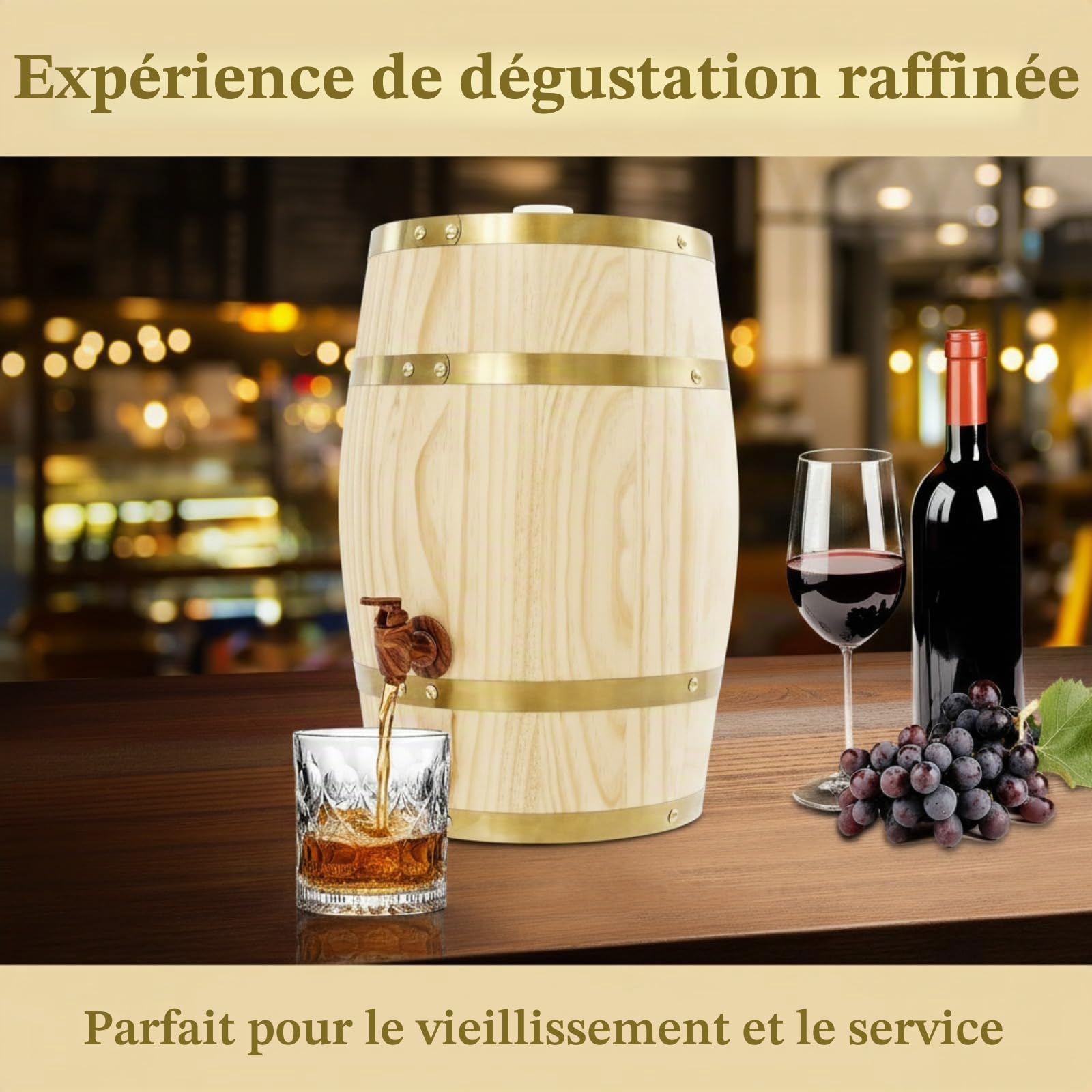 Fût en bois de 10 litres, tonneau à vin avec robinet, récipient à vin, capacité de charge 30 kg pour le stockage de whisky, tequila, vin, bière, etc. - LxH 26 x 33 cm