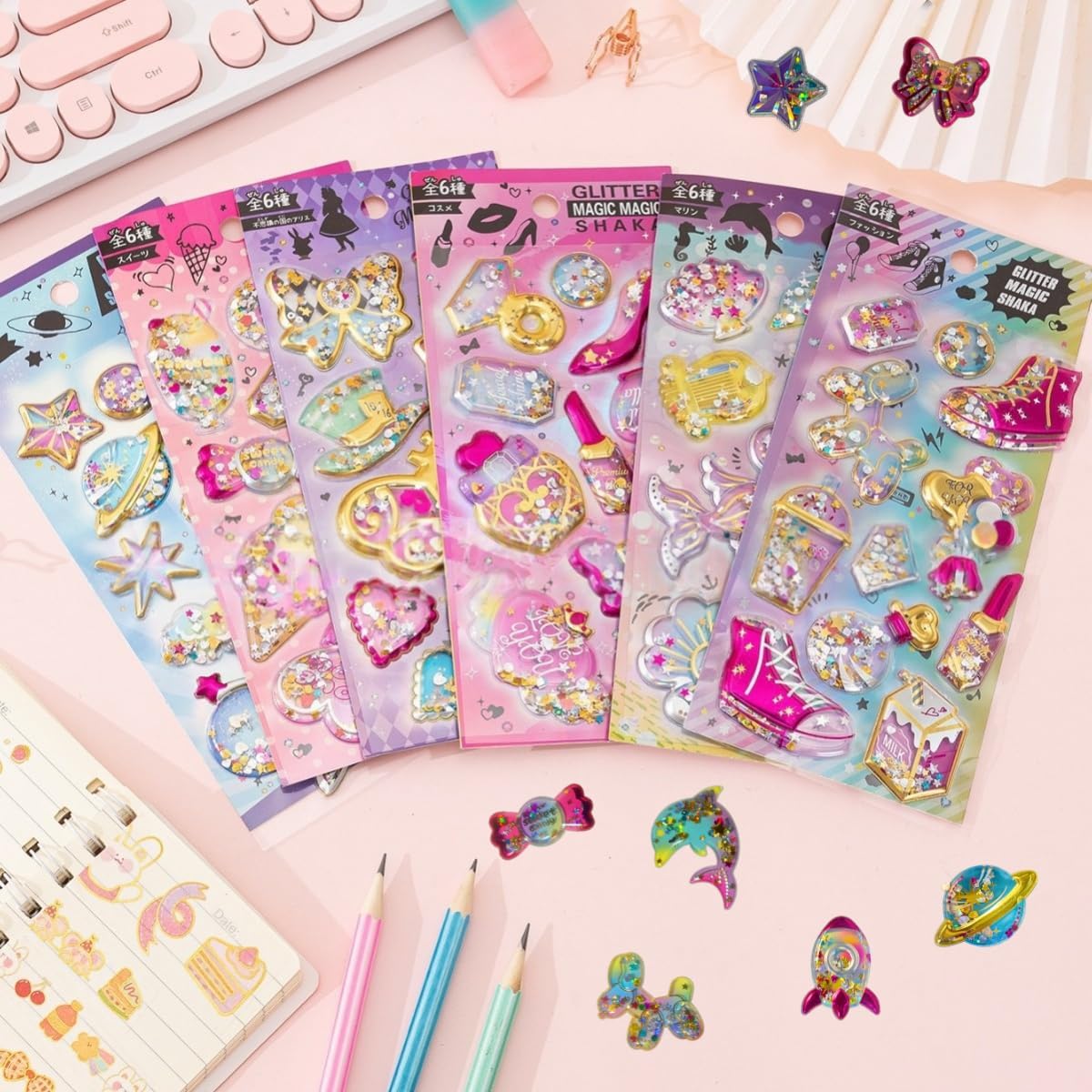 Glitter Puffy Stickers 6 Sheets 3D Puffy Cute Stickers Pack, Sparkle Decorative Stickers for Phone, Scrapbooking, DIY, Party Favors, Pink Fun Sticker Sheets