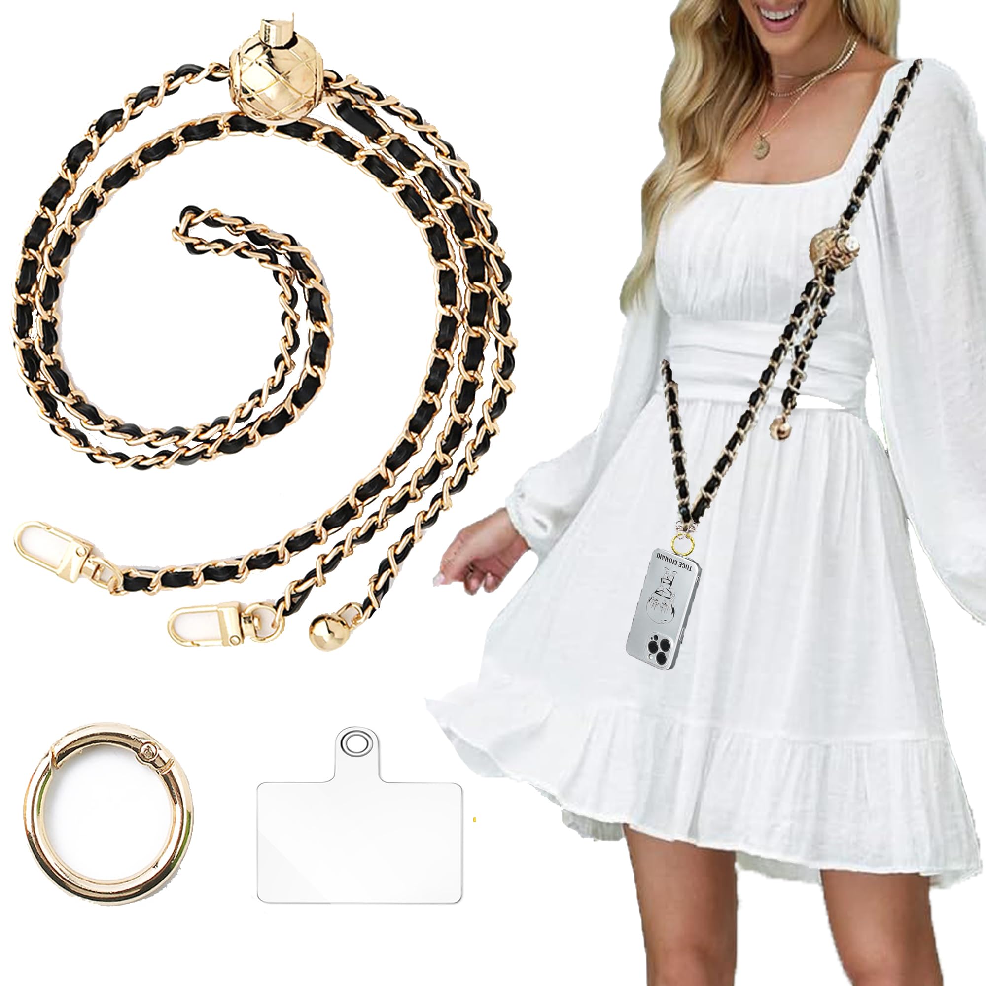 Fashowlife Crossbody Phone Lanyard Leather Metal Bag Chain Shoulder Strap Replacement Belt, Black