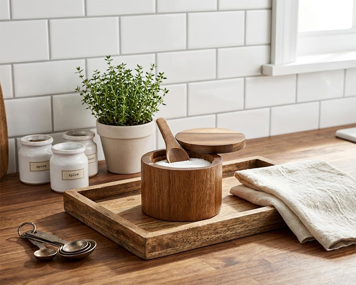 DS. DISTINCTIVE STYLE Acacia Wood Salt Cellar with Magnetic Swivel Lid and Built-in Spoon Salt Container Box for Kitchen to Storage Pepper Spice Bath Salt Sea Salt 6 Ounce